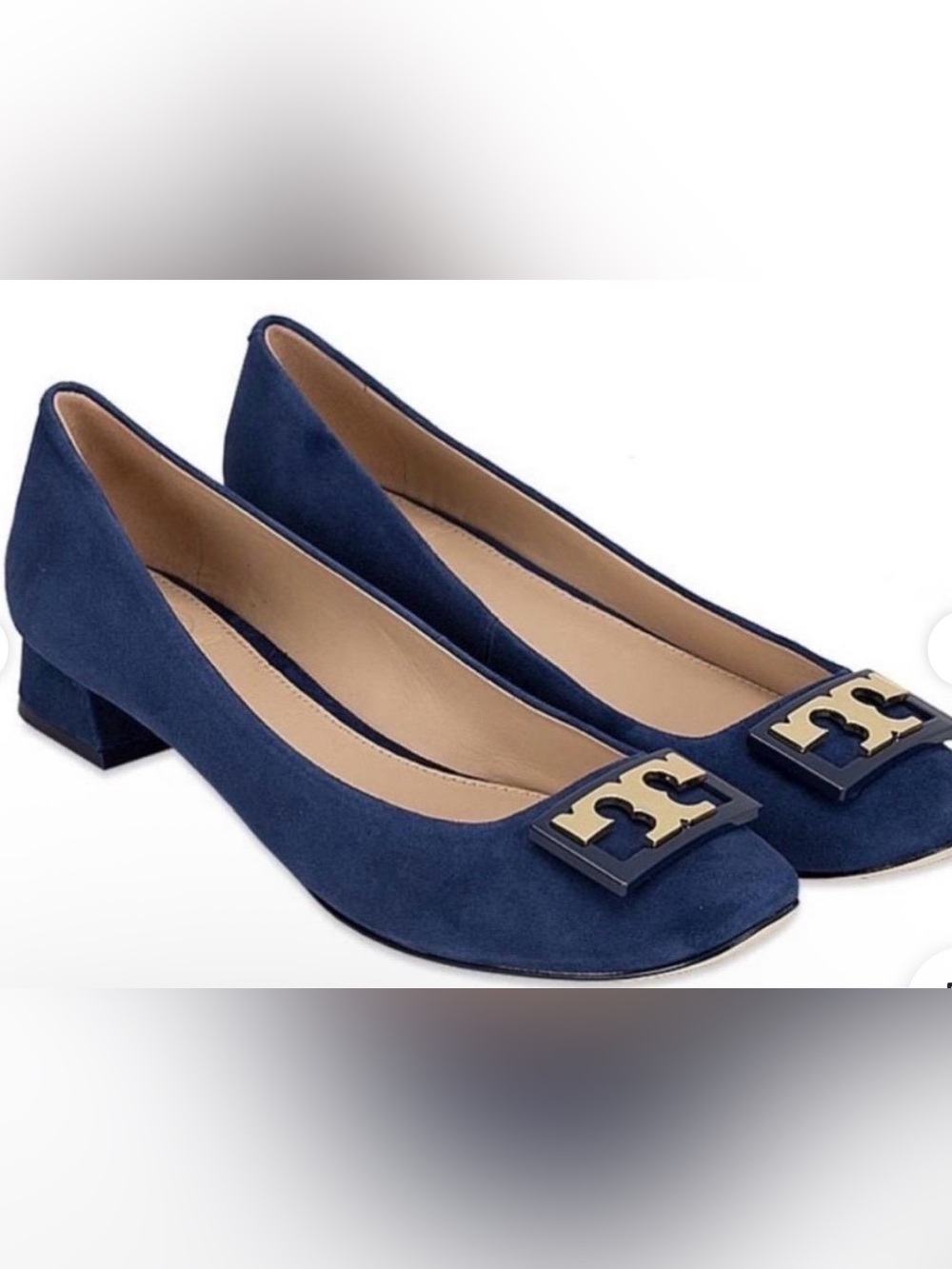 Tory Burch Gigi Pumps 7M Teal Blue Suede Silver Double T Logo Low Block Heel